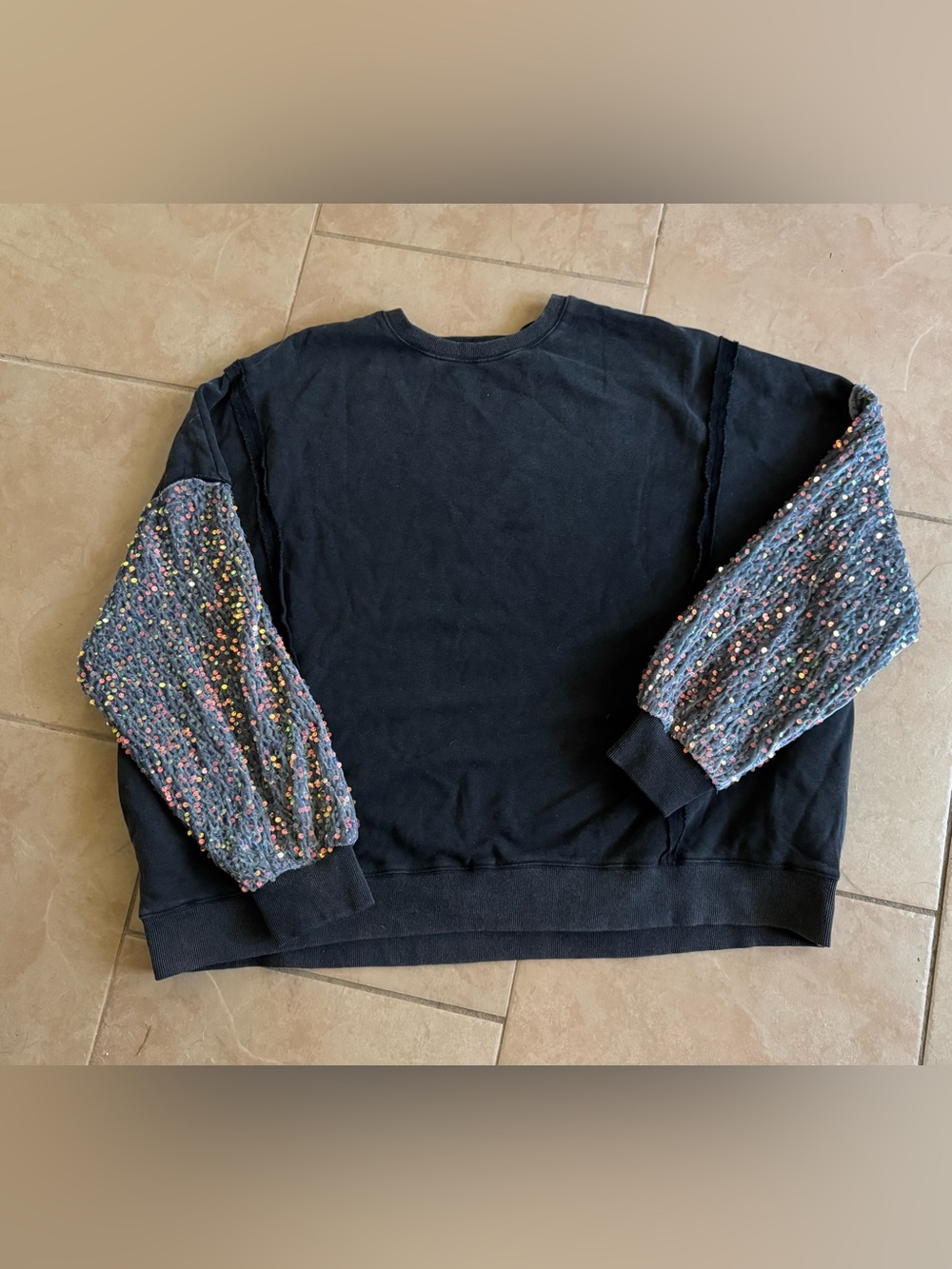 NWOT Blue Velvet brand black Sweatshirt with Multicolor Sequin Sleeves